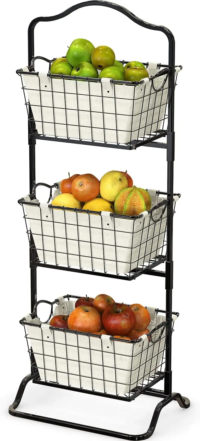 Soporte de cesta de frutas de mercado de alambre rígido de 3 niveles, artículos para el hogar simples, negro