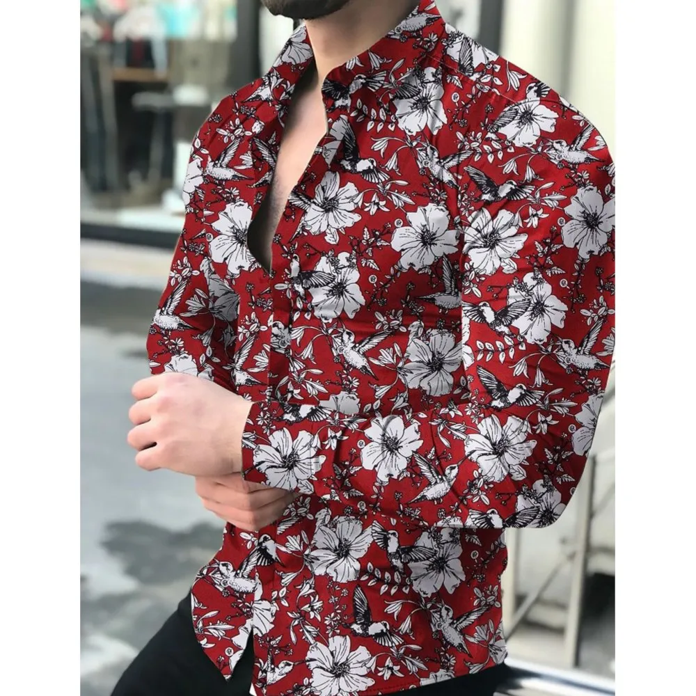 

Мужские гавайские рубашки, рубашки с графическим цветочным принтом, мужская модная рубашка с длинным рукавом, Куба, пляжная однобортная блузка, мужская одежда, рубашки