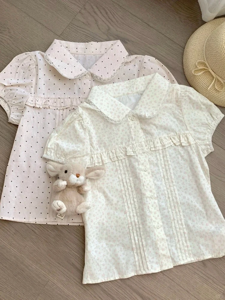 2026 Summer Print Lace Patchwork T-Shirts Women's Korean Fashion Sweet Kawaii Short Sleeve Polka Dot Doll Collar Shirt Female