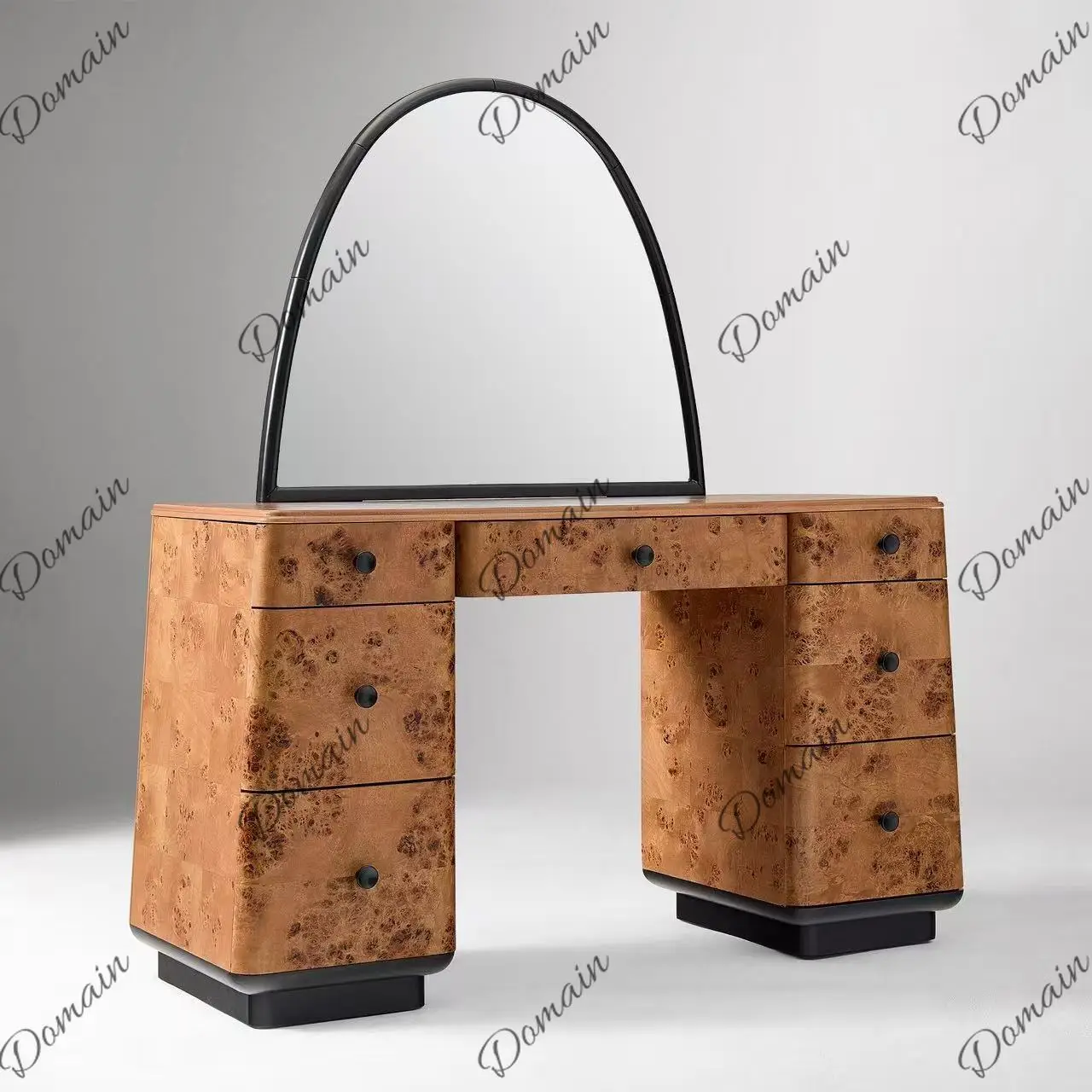 Vintage Solid Wood Dresser with Mirror, Mobile Makeup Table with Drawers, Mortise and Tenon Structure, Burl Veneer Vanity Desk