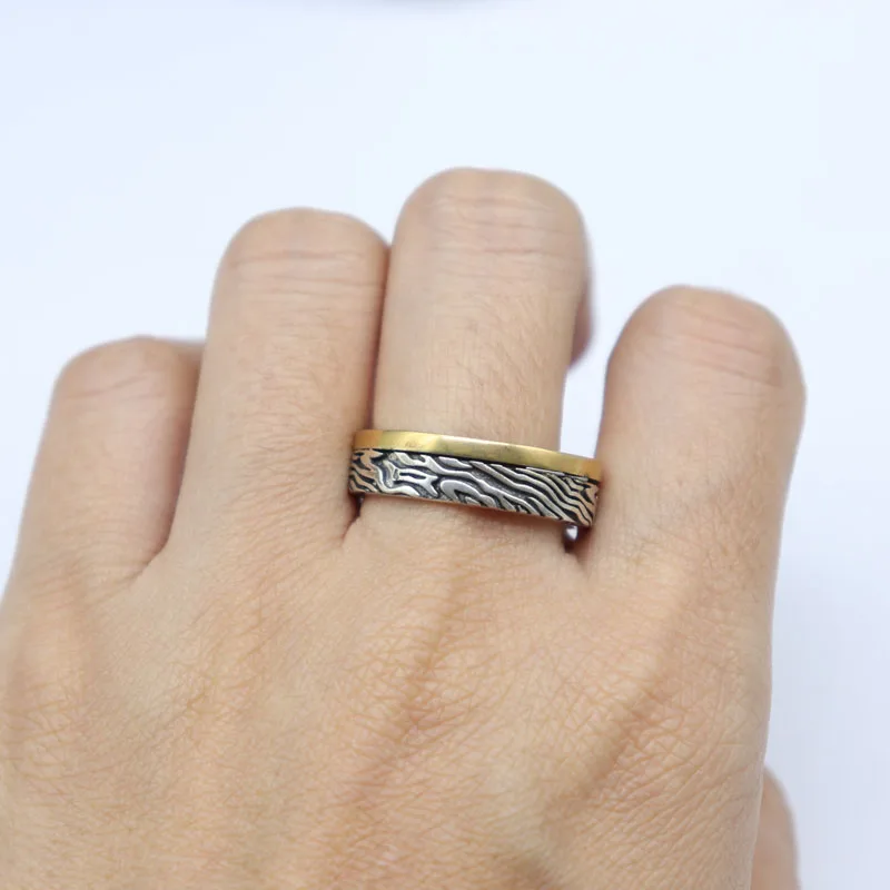 Cincin Kawin Motif Damask Mokume Gane 7-10g, Emas 925 Perak Sterling Solid untuk Pasangan
