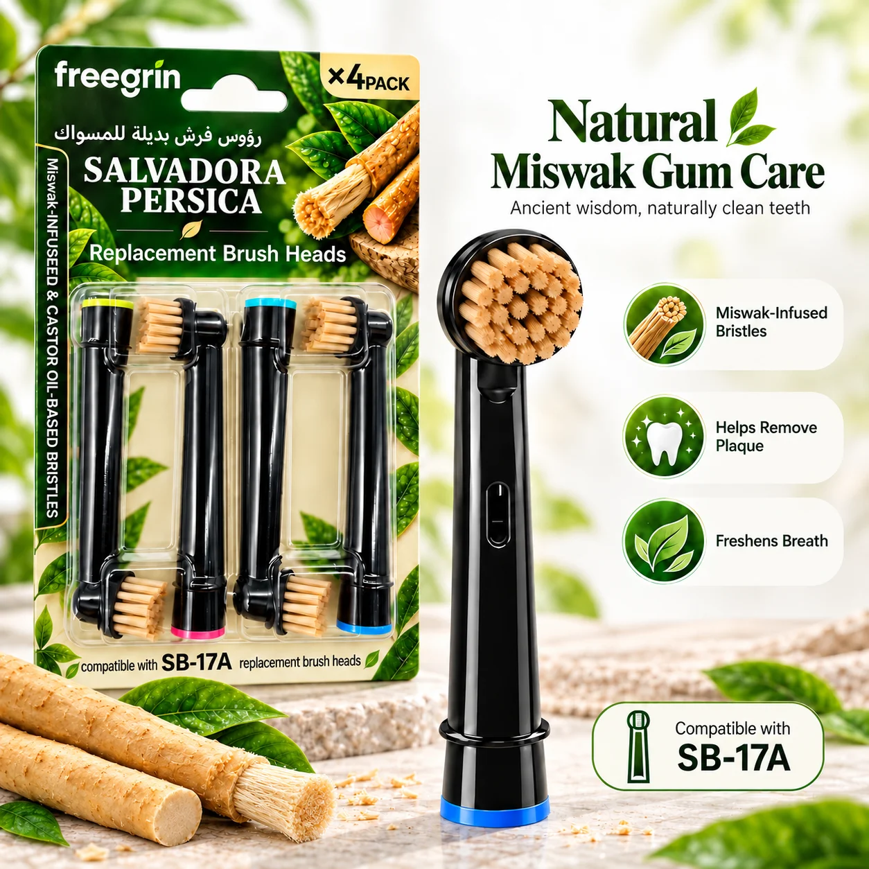 4PCS Miswak-Infused Replacement Toothbrush Heads, Compatible with Oral-B Braun Electric Toothbrushes, Oral Care Brush Refills