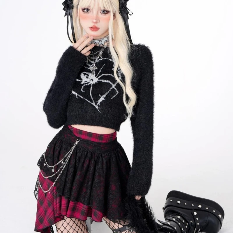 

Y2k Aesthetic Spider Jacquard Fairy Sweaters Harajuku Women Fur Crop Loose Jumpers 2026 Autumn Grunge Vintage Casual Pullovers