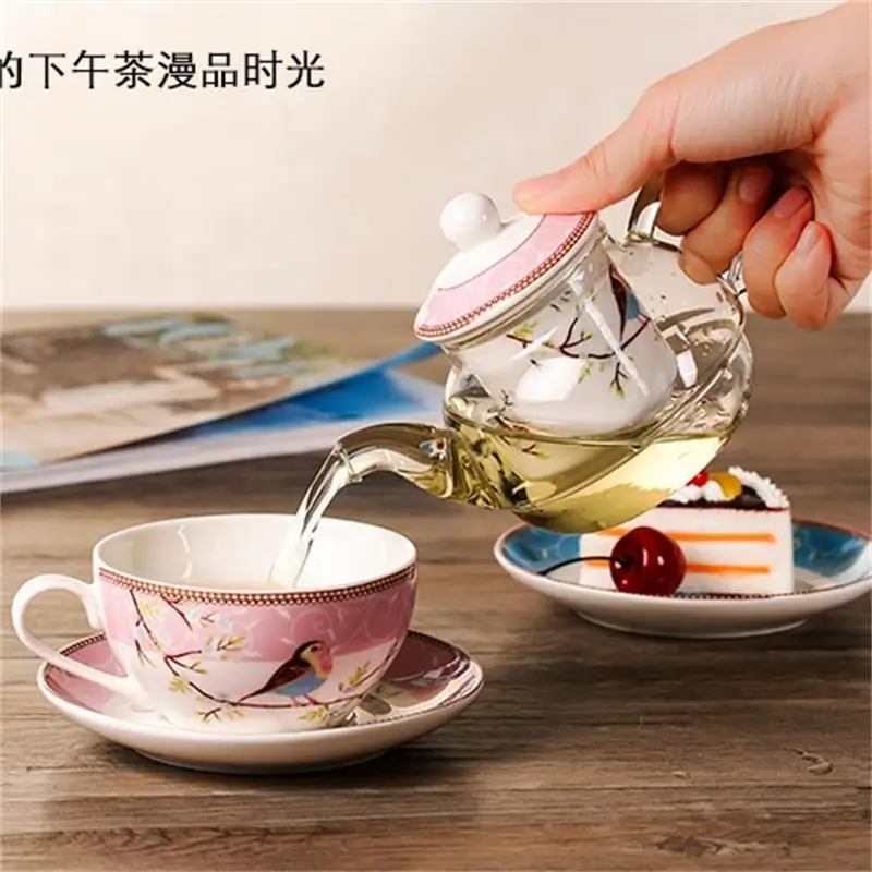 European Style Glass Teapot Set, Floral Bird Mother-Daughter Pot for Afternoon Tea Gift, 1 Person Tea Set with Ceramic Cup