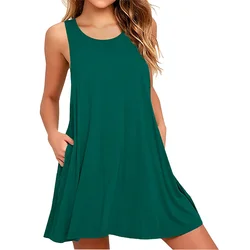 2024 Women Summer Casual Swing T-Shirt Dresses Beach Cover Up With Pockets Solid Color Loose T-shirt Dress Oversize Beach Party