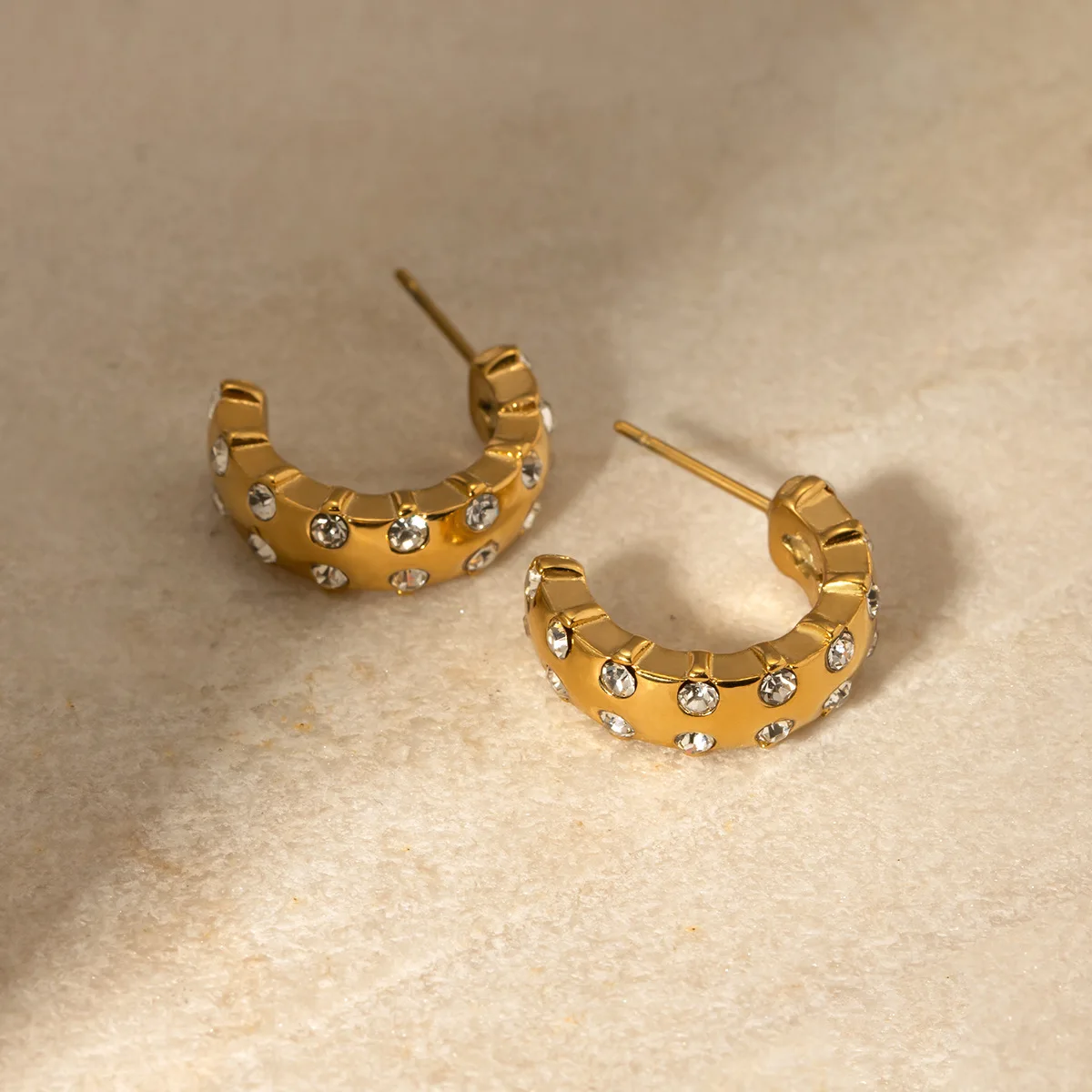 Stainless Steel PVD 18K Gold Plated Tarnish Small Size Crystal CC Hoop Earrings For Woman Jewelry Wholesale Summer Trendy