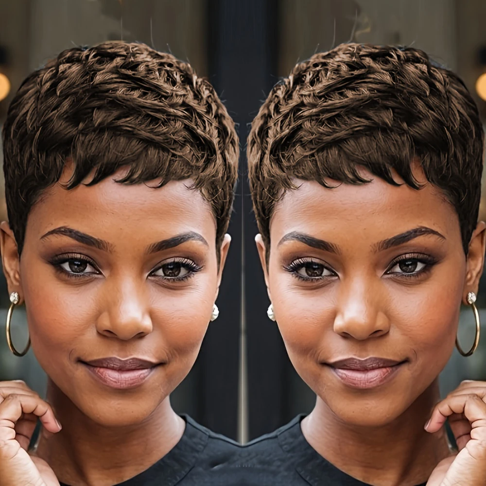 密度150% 4インチ ピクシーカット カールウェーブ 人毛ウィッグ 女性用 フルマシンメイド ウィッグ デイリーユース パーティー用