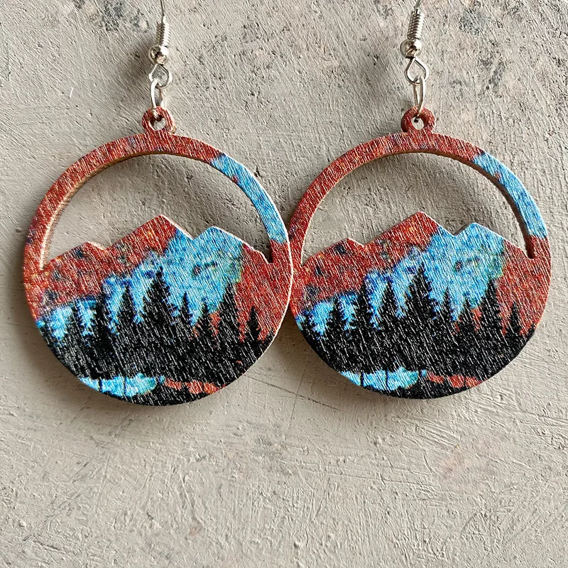 Vintage Art Painting Forest Earrings Color Hollow Bohemian Snow Mountains Landscape Painting Wood Impression Earrings Wholesale