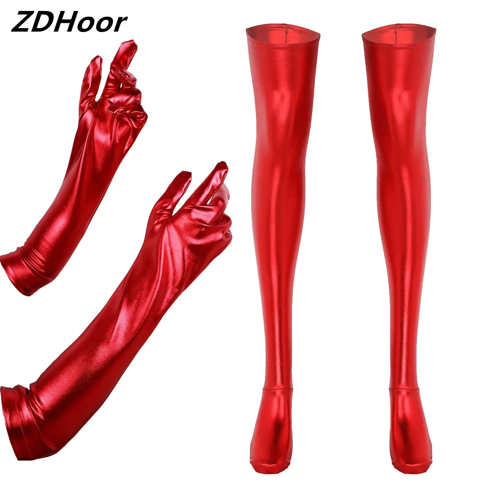 

Women Patent Leather Gloves with Stockings Shiny Metallic Wet Look Sexy Night Clubwear Dancing Party Cosplay Fancy Ball Costume