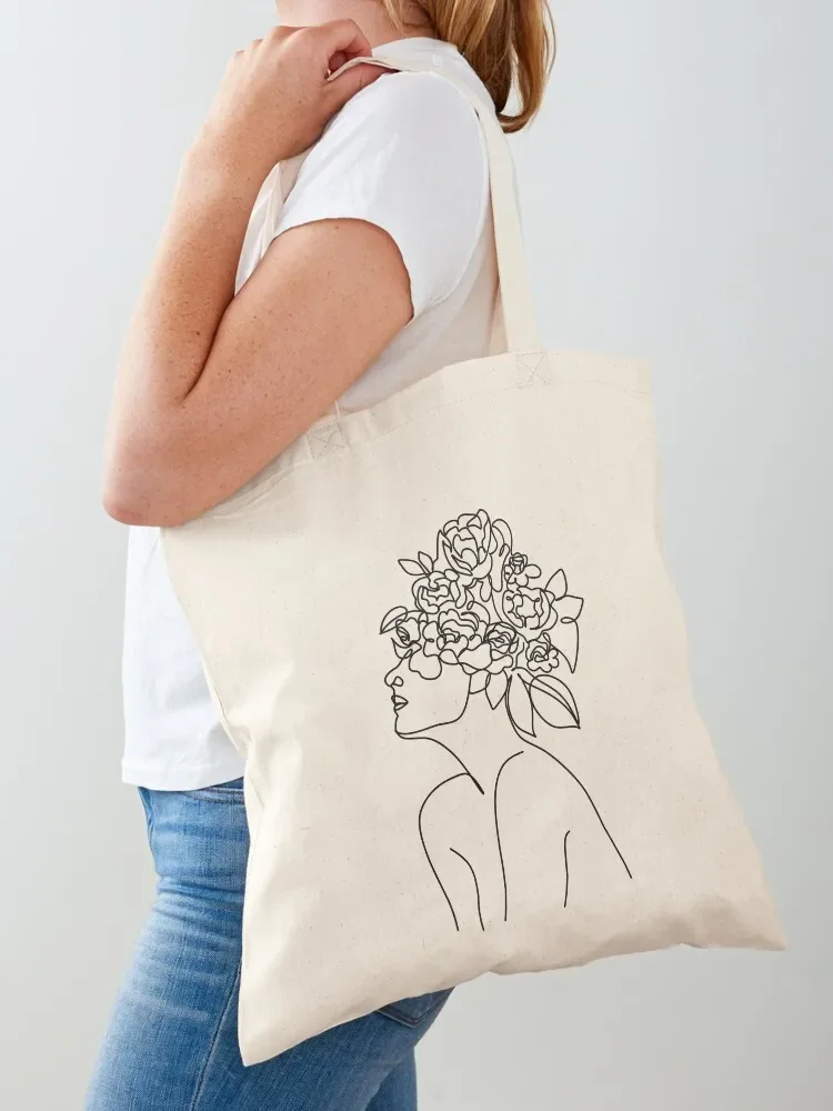 Virgo horoscope sign, girl with flower head, woman face line art, minimalism, zodiac symbol Tote Bag