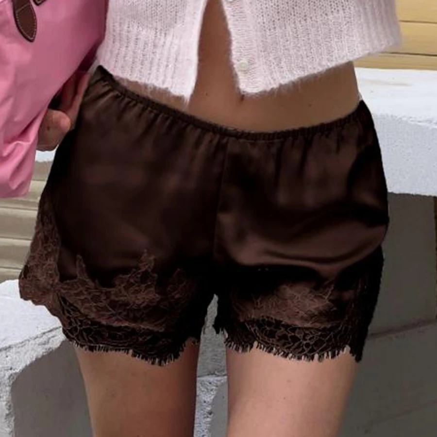 Pantaloncini estivi in raso da donna Pantaloncini da salotto a gamba larga con orlo patchwork in pizzo elastico in vita alla moda Pantaloni da uscire