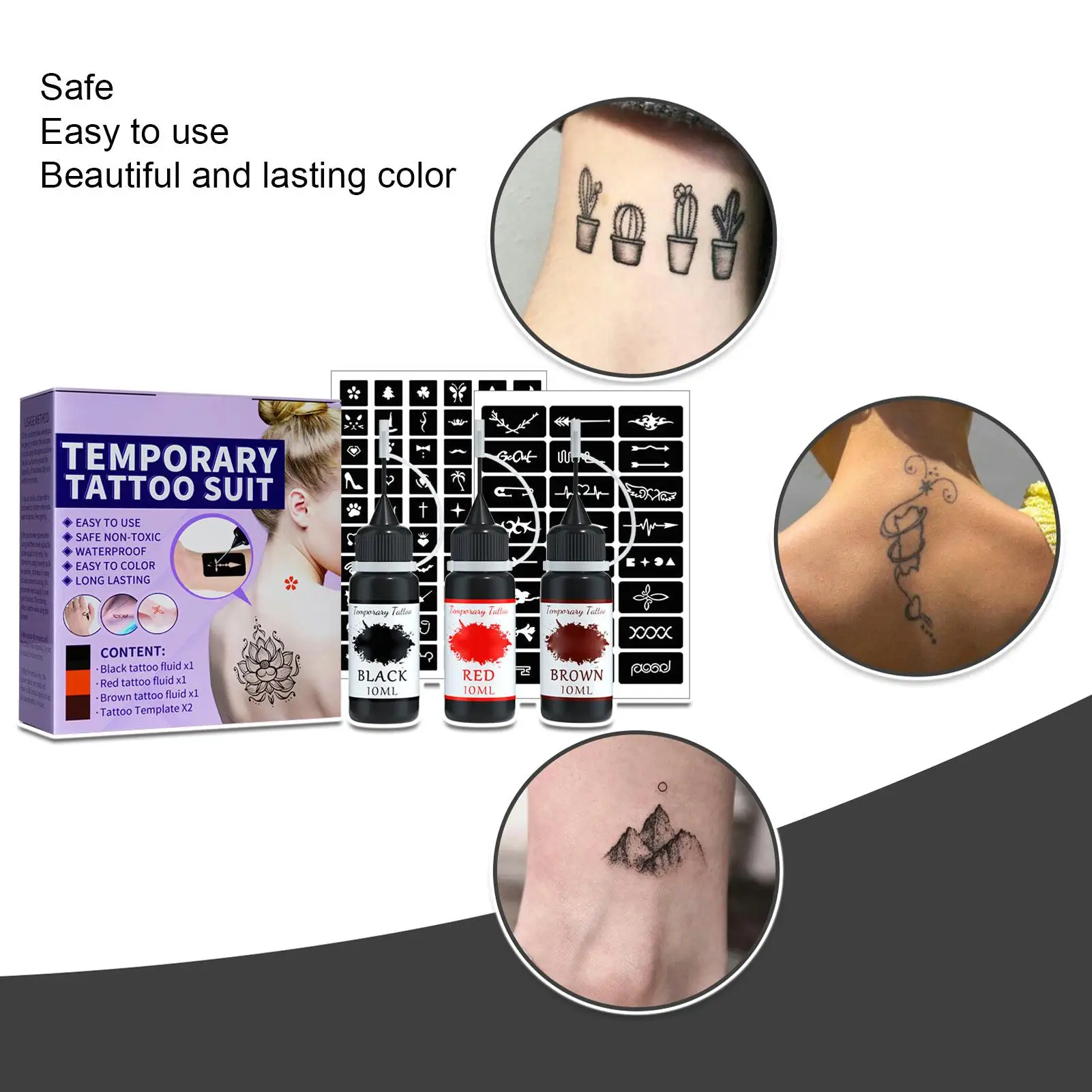 3pcs Tattoo Stencil Kit: Long Lasting Water-resistant Ink (3 Colors), DIY Washable Semi Permanent Tattoo Kit