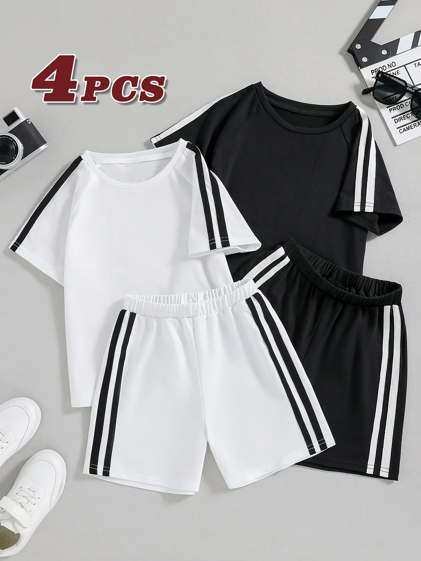 4pcs Set Boys' Summer Outfit Thin Sportswear Short Sleeve Shorts Casual Wear for Kids Suitable for Leisure And Sports Activities