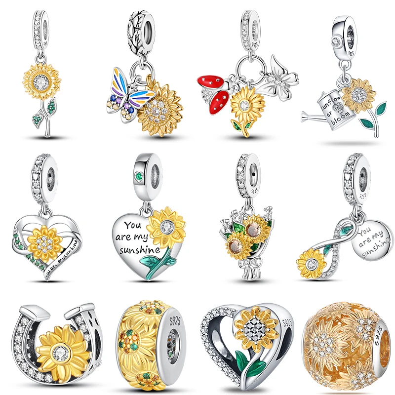 925 Sterling Silver Fashion Golden Sunflowers Heart Charms Beads Fit Qikaola 925 Original Bracelets Luxury Party DIY Jewelry