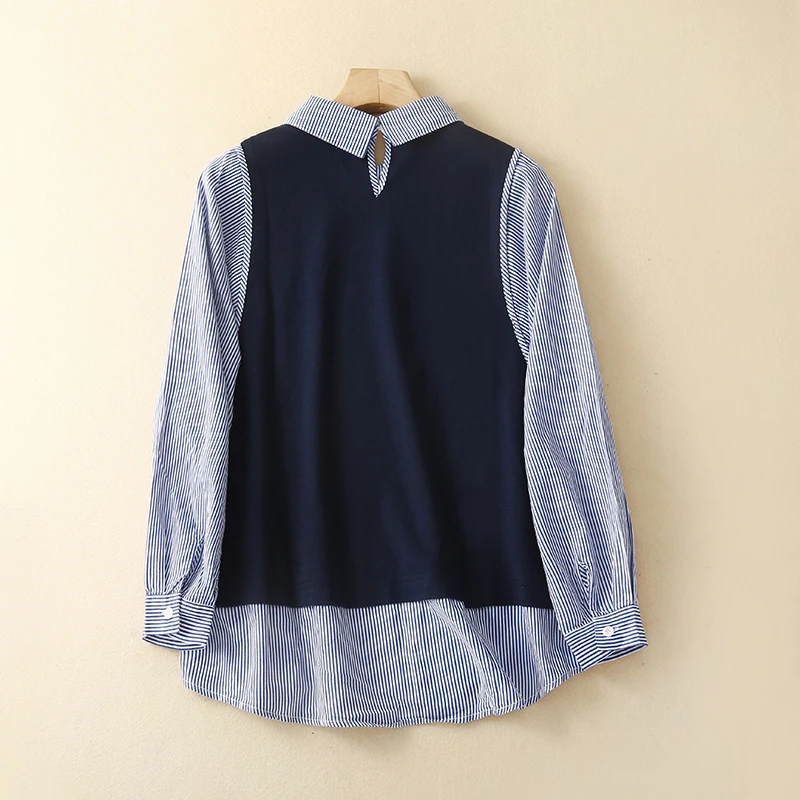 Ele Color Blo Gestreepte Ne Loose Long Sve Dames irt Casual Sle Button Detail Overhead Top Herfstkleding