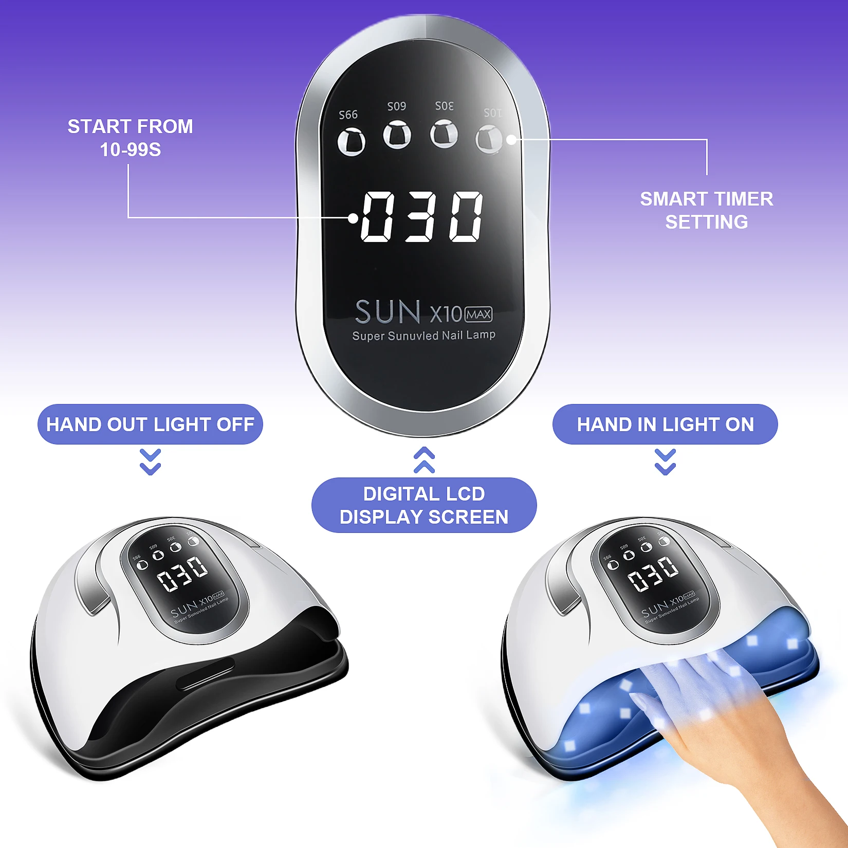 SUN X11/10 MAX Lampada professionale per asciugare le unghie per manicure 66 LED Macchina per asciugare lo smalto gel con grande lampada per unghie LCD UV LED