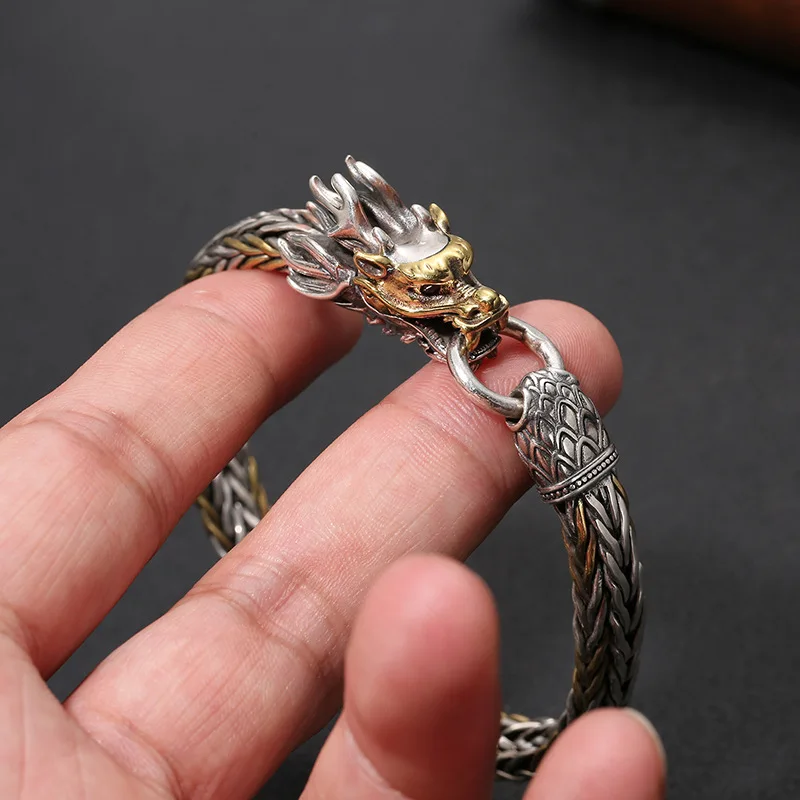 

New Hand Woven Dragon Head Bracelet For Men Thick Vintage Bracelet Male Jewelry