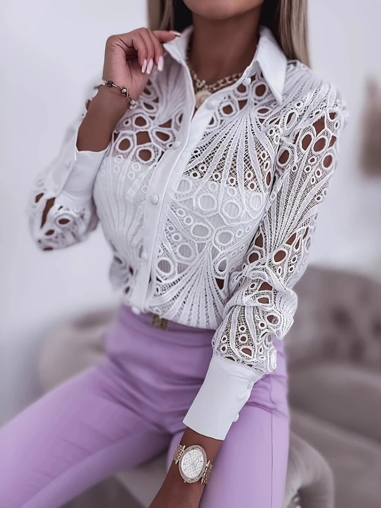 2025 Women\'s Shirts & Blouses Elegant Sexy Hollow Out Turn Down Neck Solid Blouse Camisas De Mujer White Lace Shirt Women
