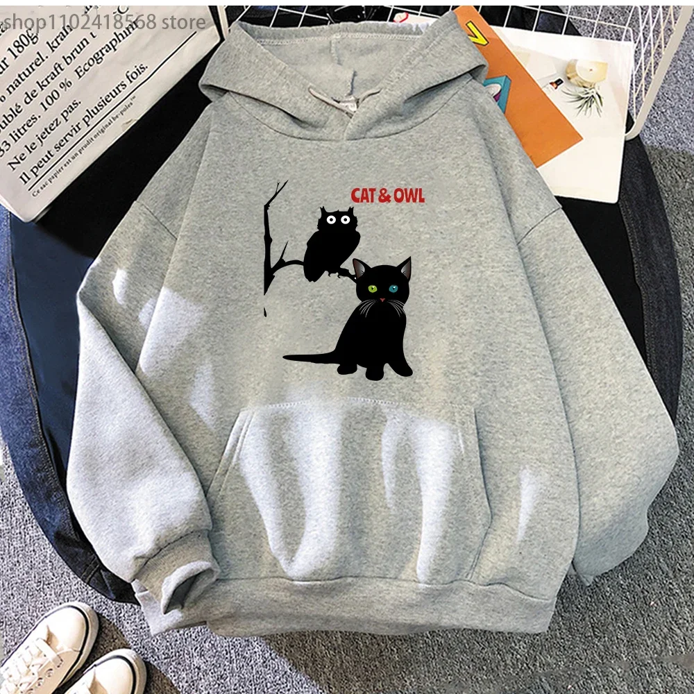 A Cat and An Owl Hoodies Cartoon Graphic Sweatshirts Harajuk Y2k Clothes Streetwear Women Long Sleeve Pullovers Male Men Tops