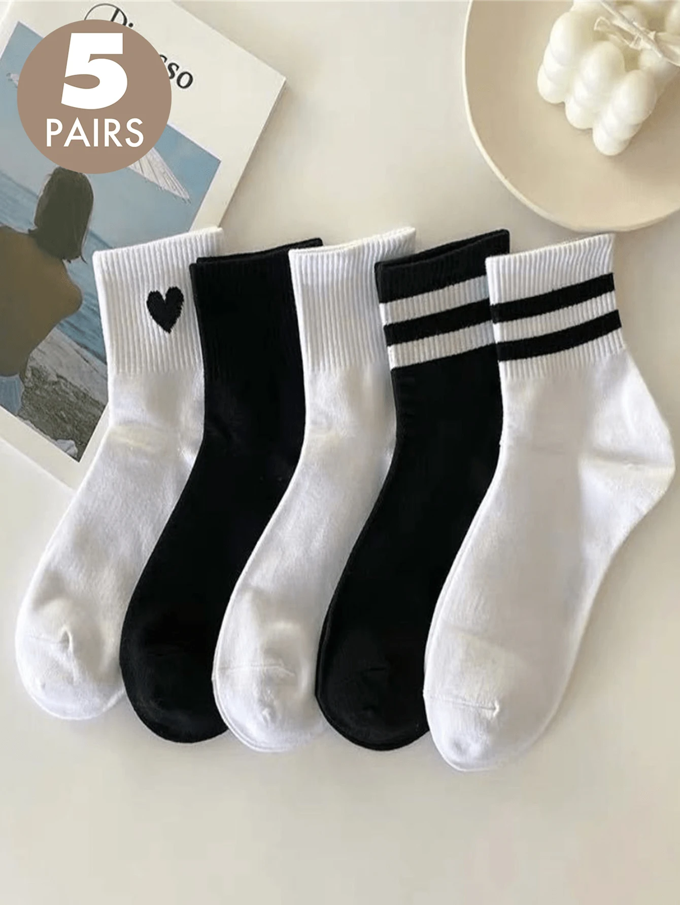 5 par damskich pasków na co dzień sportowe oddychające czarno-białe skarpetki skarpetki typu Mid Tube oddychające skarpetki sportowe