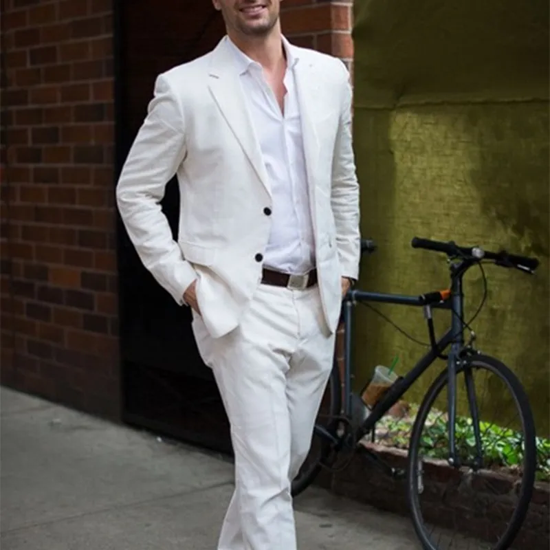 Latest Coat Pant Designs Ivory/White Linen Casual Men Suit Summer Beach Tuxedo Simple Custom Made 2 Piece Jacket Male Set