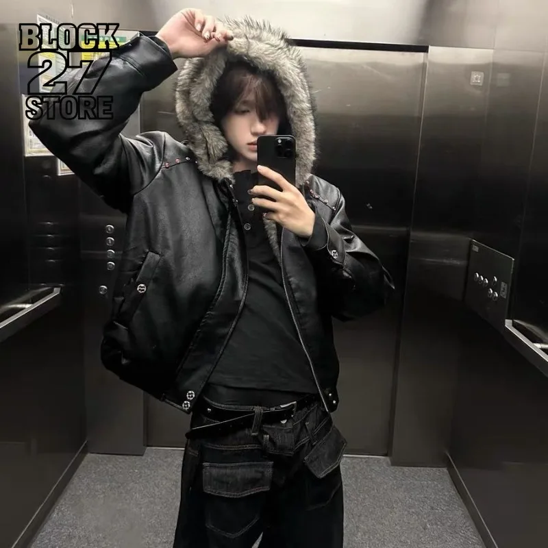 

Mens Jacket Harajuku Winter Heavy Mountain Eagle Hooded Faux Leather Coat Thick Fleece Fur Collar Short Wide Cotton Outerwear