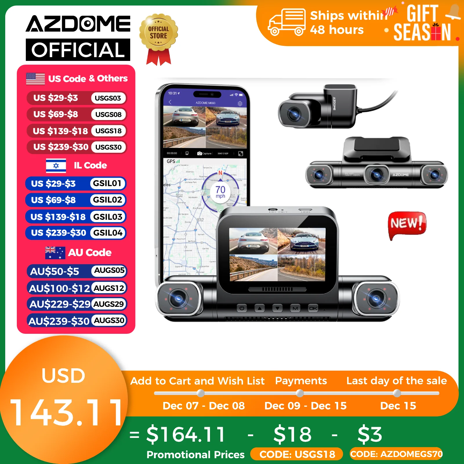 AZDOME Dash Cam M660 2K+3*1080P 4CH Car DVR GPS 5G Wifi Built-in 128GB eMMC Voice Control 24H Parking Monitor Super Night Vision