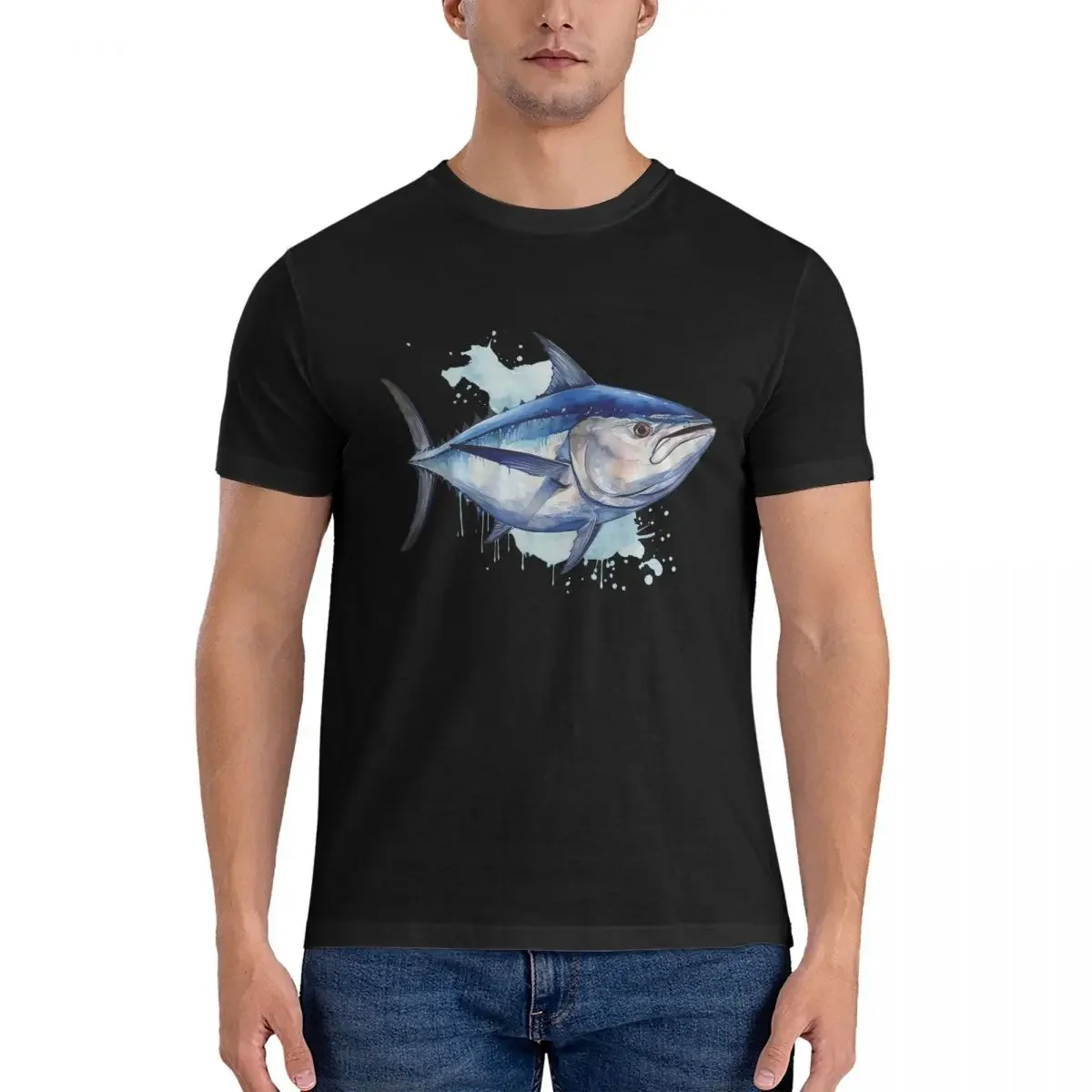 Bluefin Tuna Watercolor Painting T-Shirt for Men Cotton Plus Size T Shirts Men's Tees Short Round Neck Summer Clothes Tops S-6XL