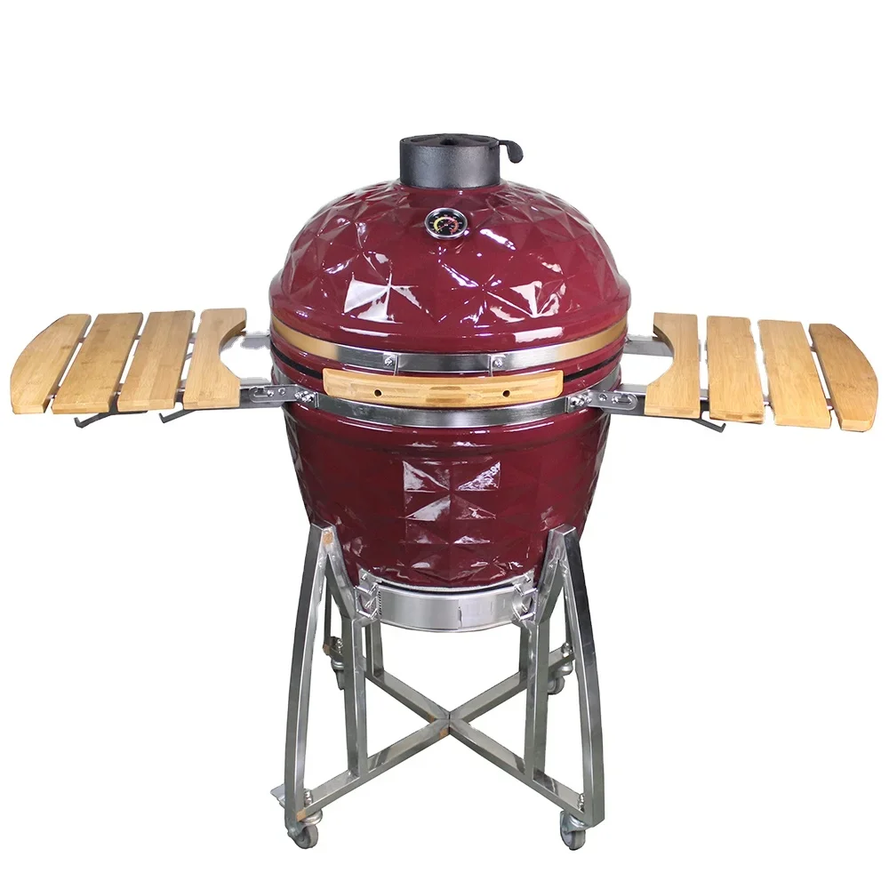 22 inch Red Color Charcoal Diamond texture BBQ Kamado Ceramic Grill with Stripe Side Table