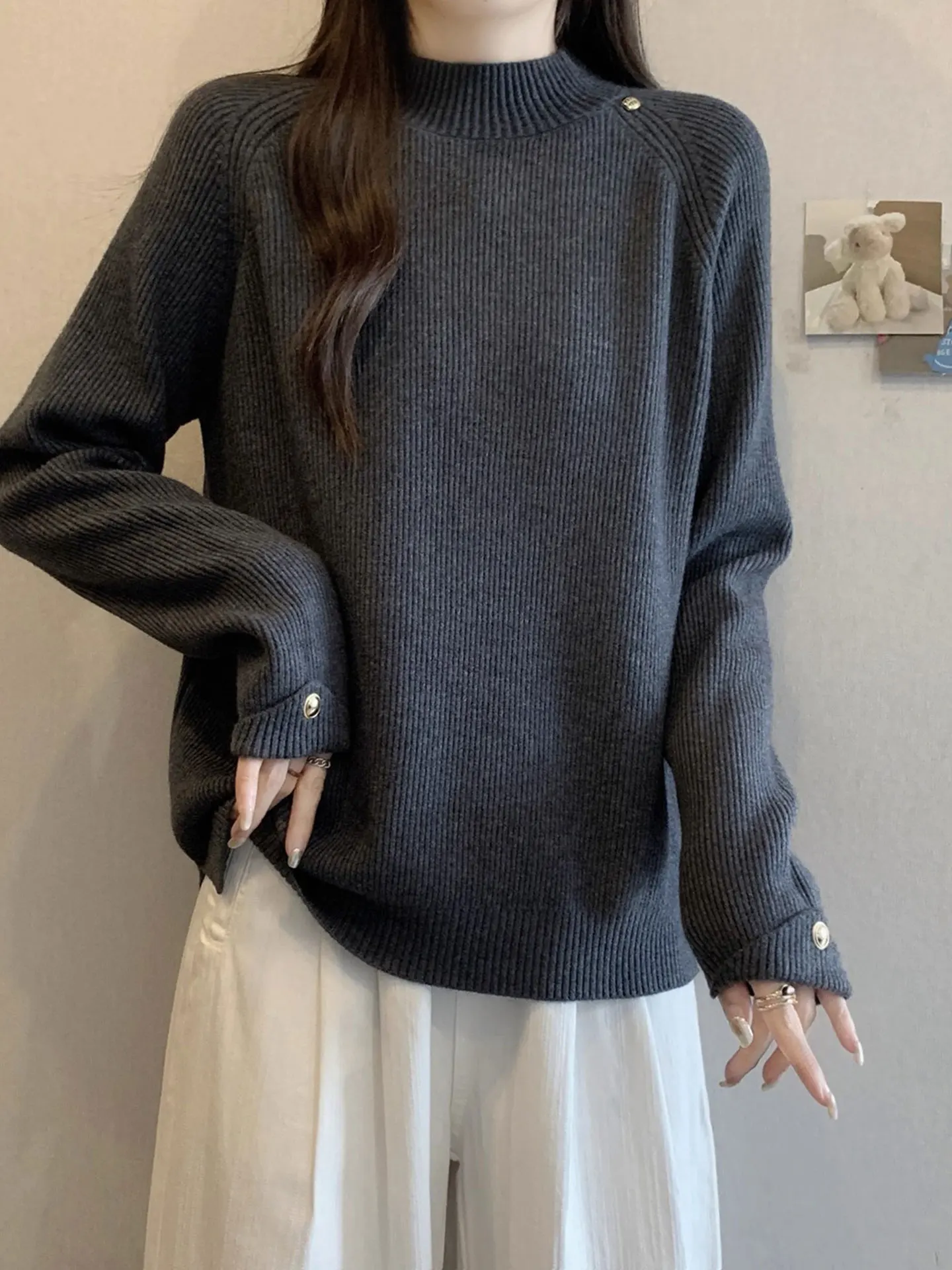 

Утепленный вязаный свитер с длинным рукавом и высоким воротником, повседневный свободный крой, женский, весенний, модный, больших размеров