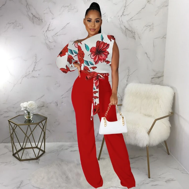 

Print Flower Women Jumpsuits For Autumn Long Sleeve Bandage Loose Fashion Streetwear Overalls Wide Leg Pants Trousers 2023