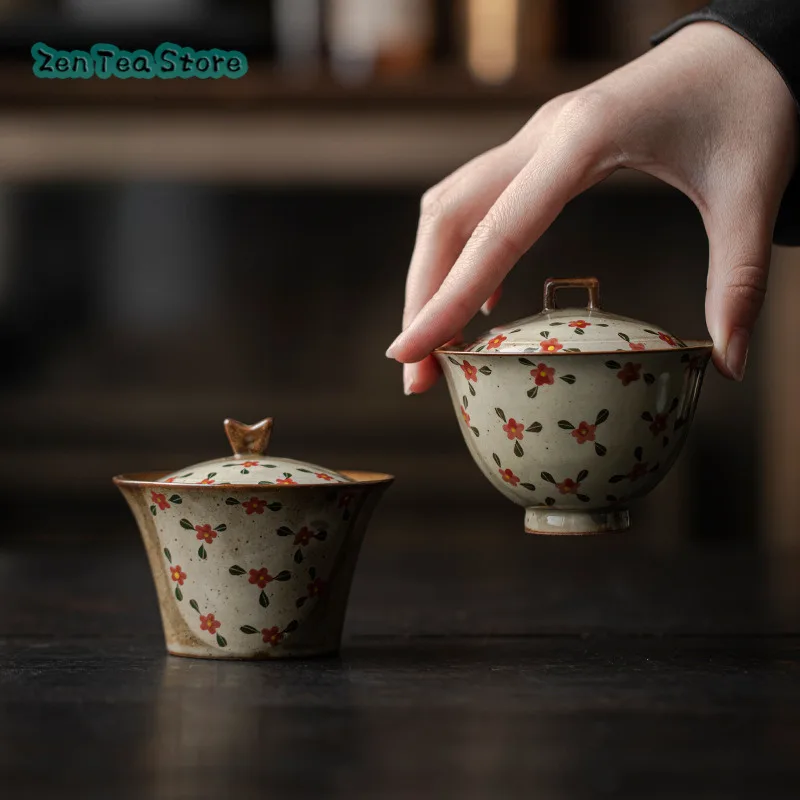 Imitation Wood Burning Cover Bowl Hand-painted Tea Bowl Teacup Anti-ironing Tea Infuser Pure Hand-made Coarse Pottery Cover Bowl