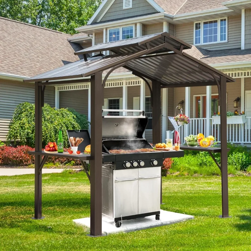 8×5 FT Hardtop Grill Gazebo, Outdoor BBQ Gazebo with Galvanized Steel Double Roof, Permanent Sun Shade Grill Canopy Shelter