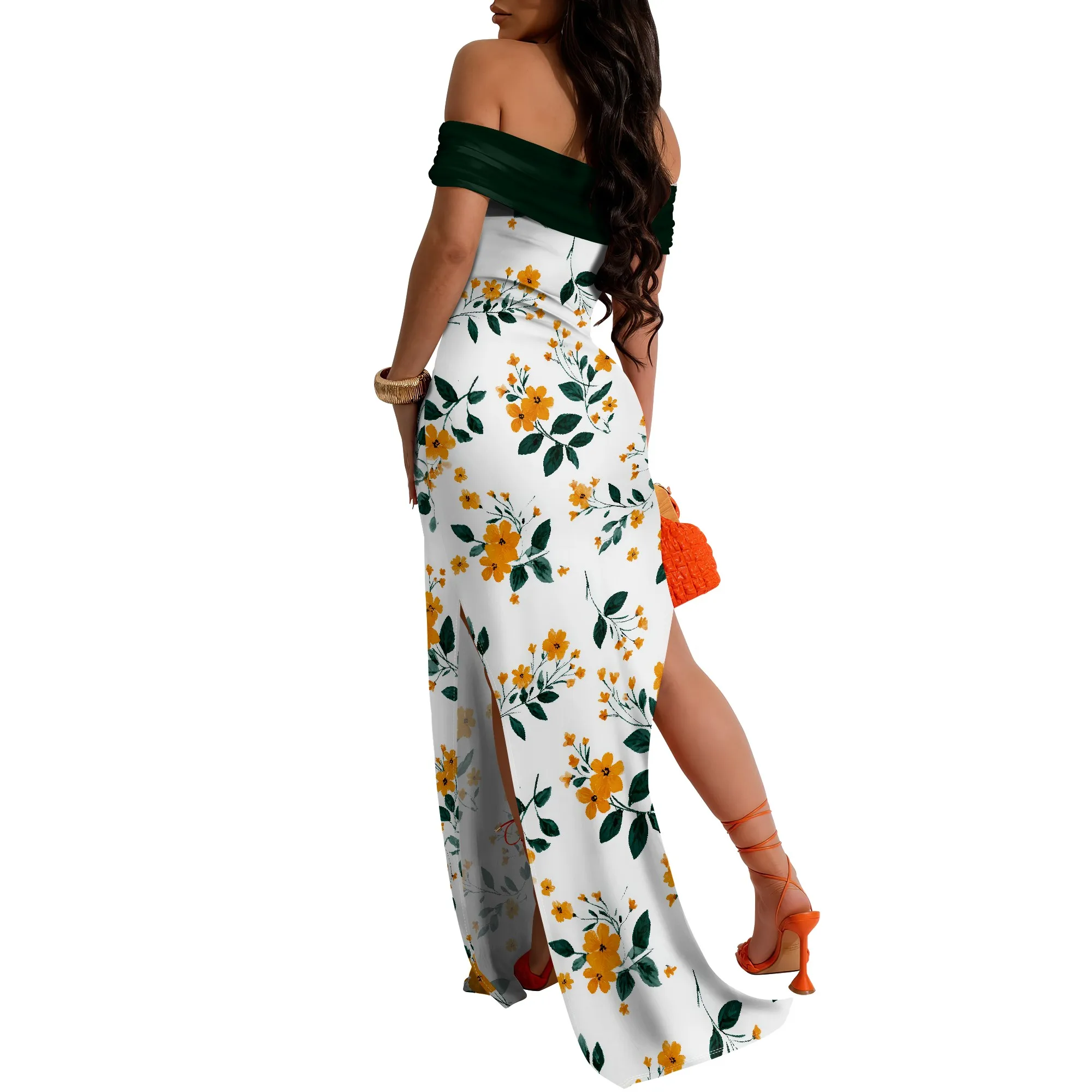 Women's Summer Maxi Bodycon Dresses Strapless Tube Top Slit Floral Printed Party Club Long Dress
