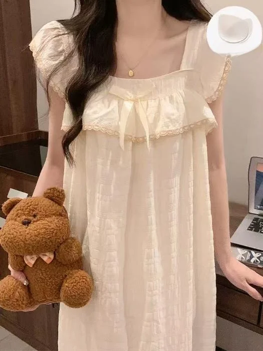 Princess Style Sleep Dress with Chest Pad Summer New Arrival Lightweight Cloud Cotton Thin Home Clothes  Little Fly Sleeve