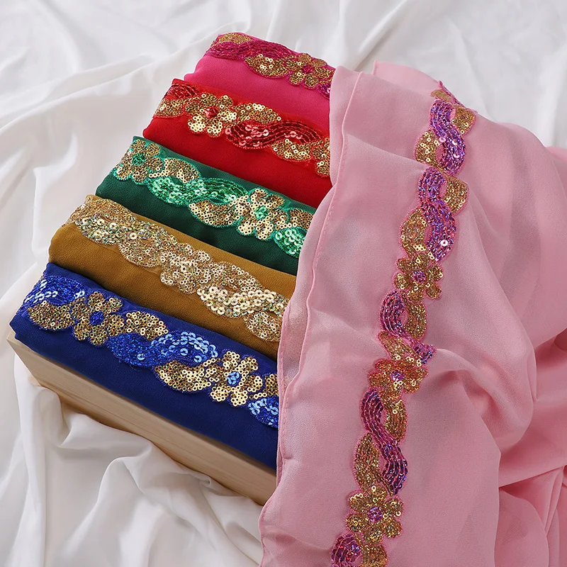 Fashion Heavy Chiffon Sequins Hijab Shinny Good Stitching Plain Scarf Muslim Shawl Plain Soft Turban Head Wraps Headband