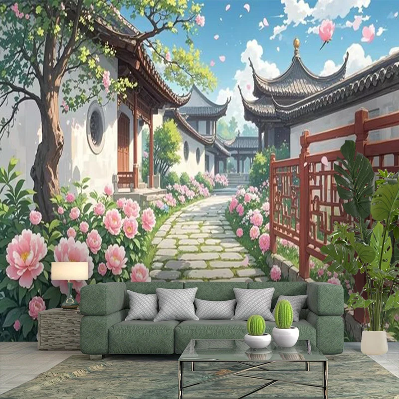 1PC Chinese Courtyard Peony Anime Print Backdrop Banner, Bedroom Living Room Photo Background, Polyester, Home Decor, Wall Art