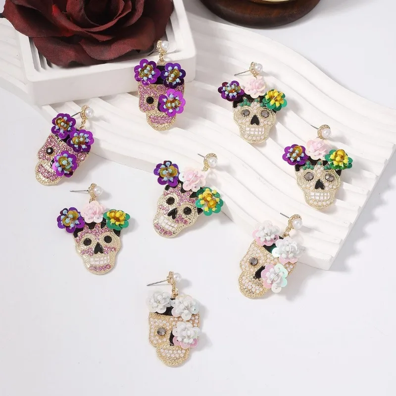 Halloween Unique Colorful Flower Sugar Skull Earrings Zircon Rhinestone Pearls Skeleton Drop Earrings for Women Day of the Dead
