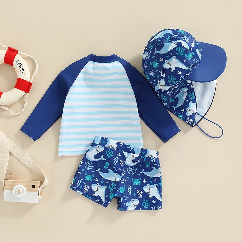 Maillot de bain pour bébés garçons, ensemble de protection contre les éruptions cutanées UPF 50 +, manches courtes, imprimé requin bleu dauphin, haut + Short + chapeau, maillot de bain