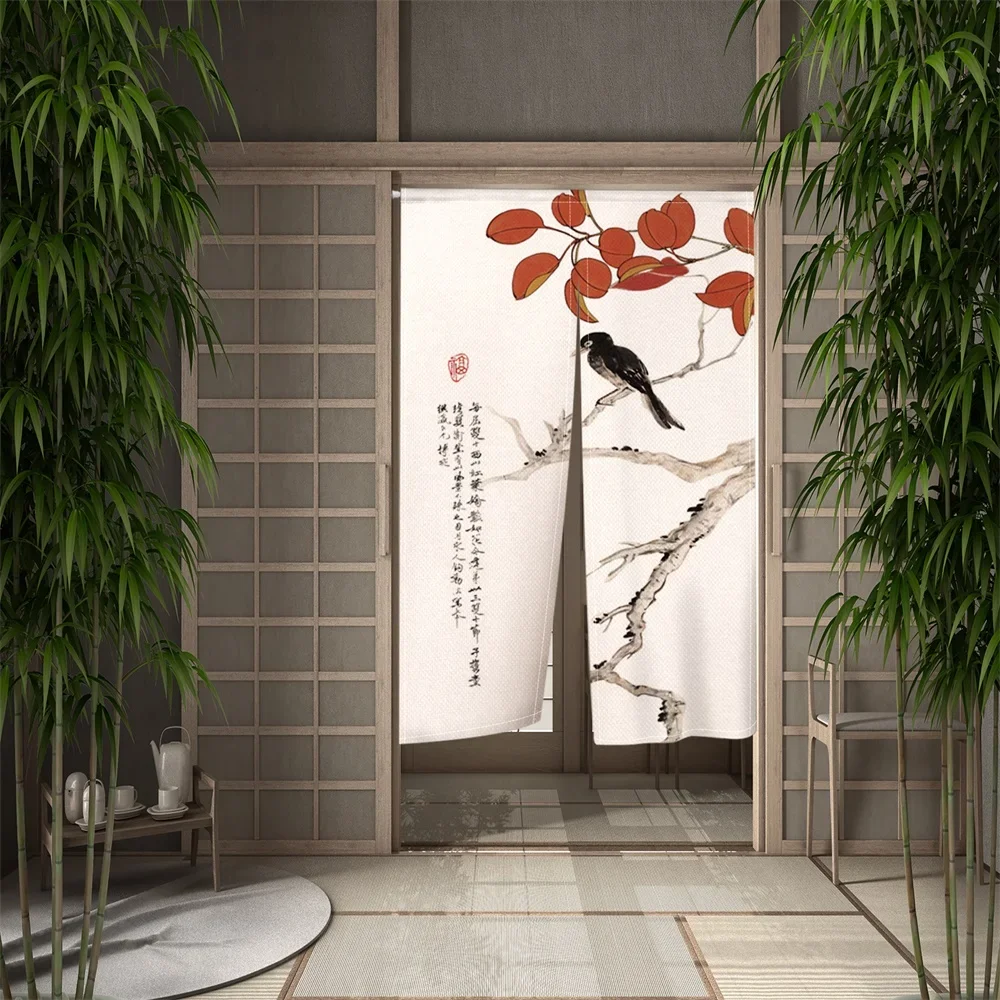 Chinese Traditional Flower Birds Door Curtain Ink Painting Japanese Doorway Curtains Kitchen Bedroom Hanging Partition Curtain