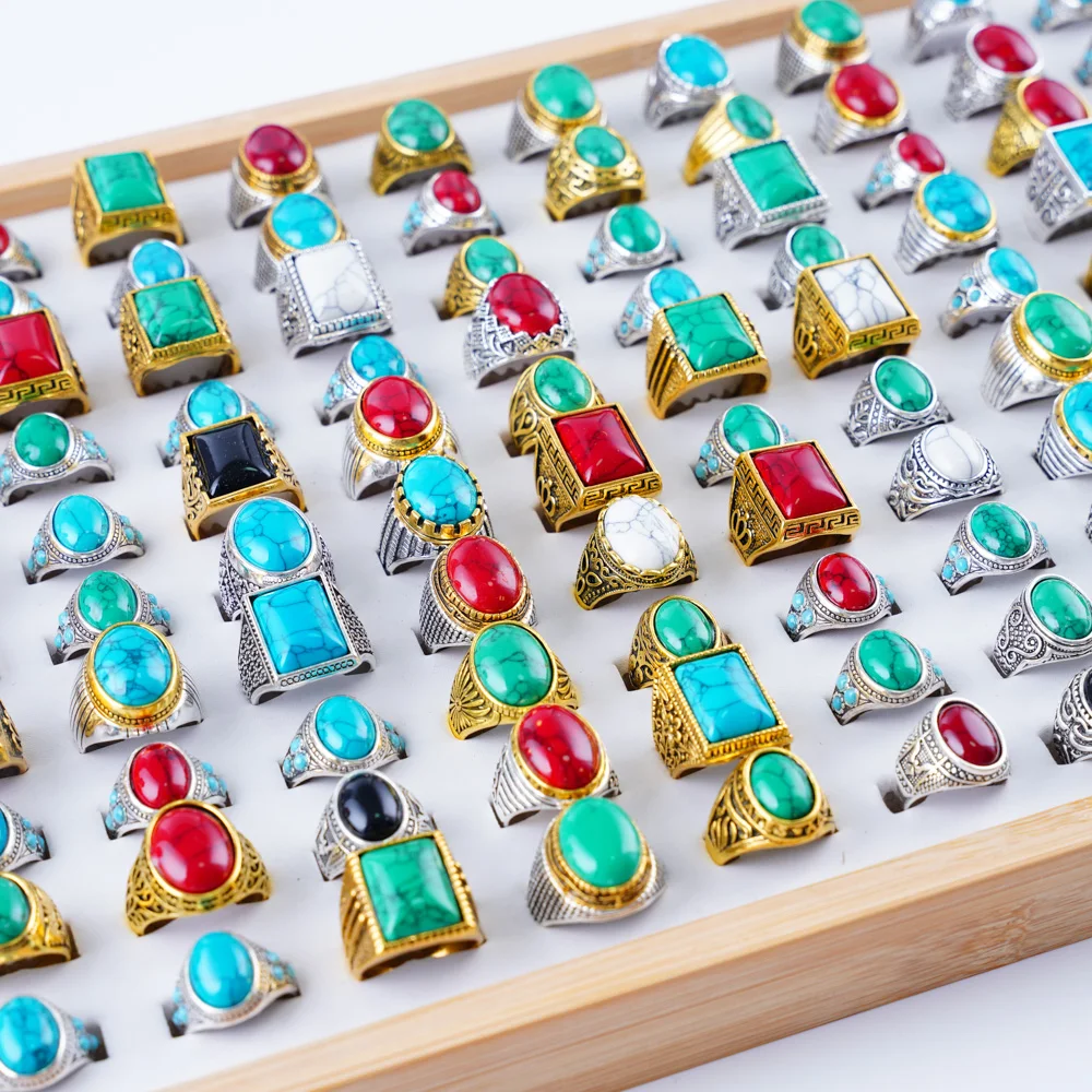 10 Teile/los Mode Vintage Böhmischen Türkis Natürliche Ring Für Männer Frauen Trendy Geometrische Silber Gold Farbe Schmuck Party Geschenk