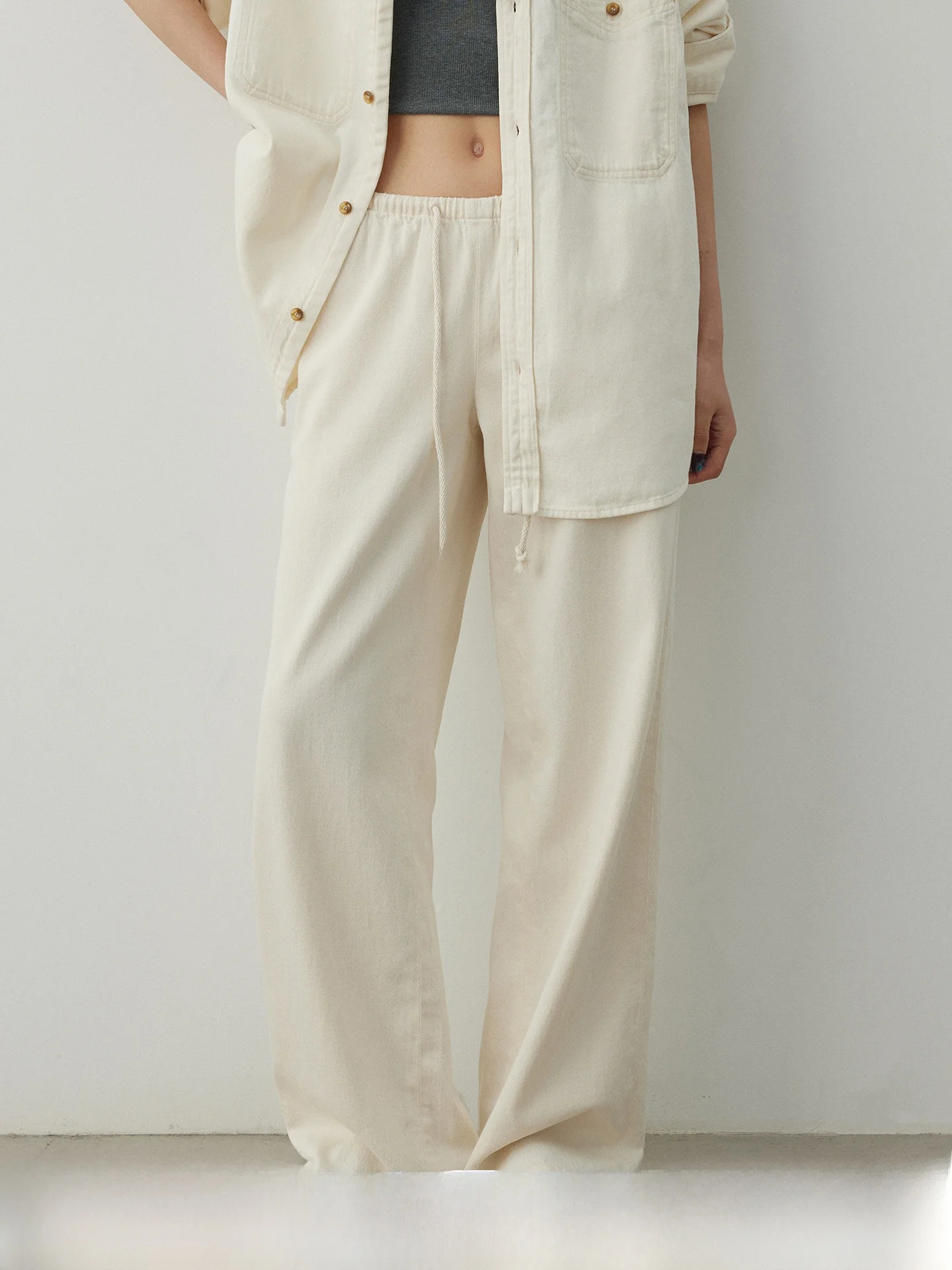 

KEARA Retro Mid-Low Waist Drawstring Denim Straight Leg Pants Women's Spring 2026 New Drapey Versatile Floor-Length Trousers