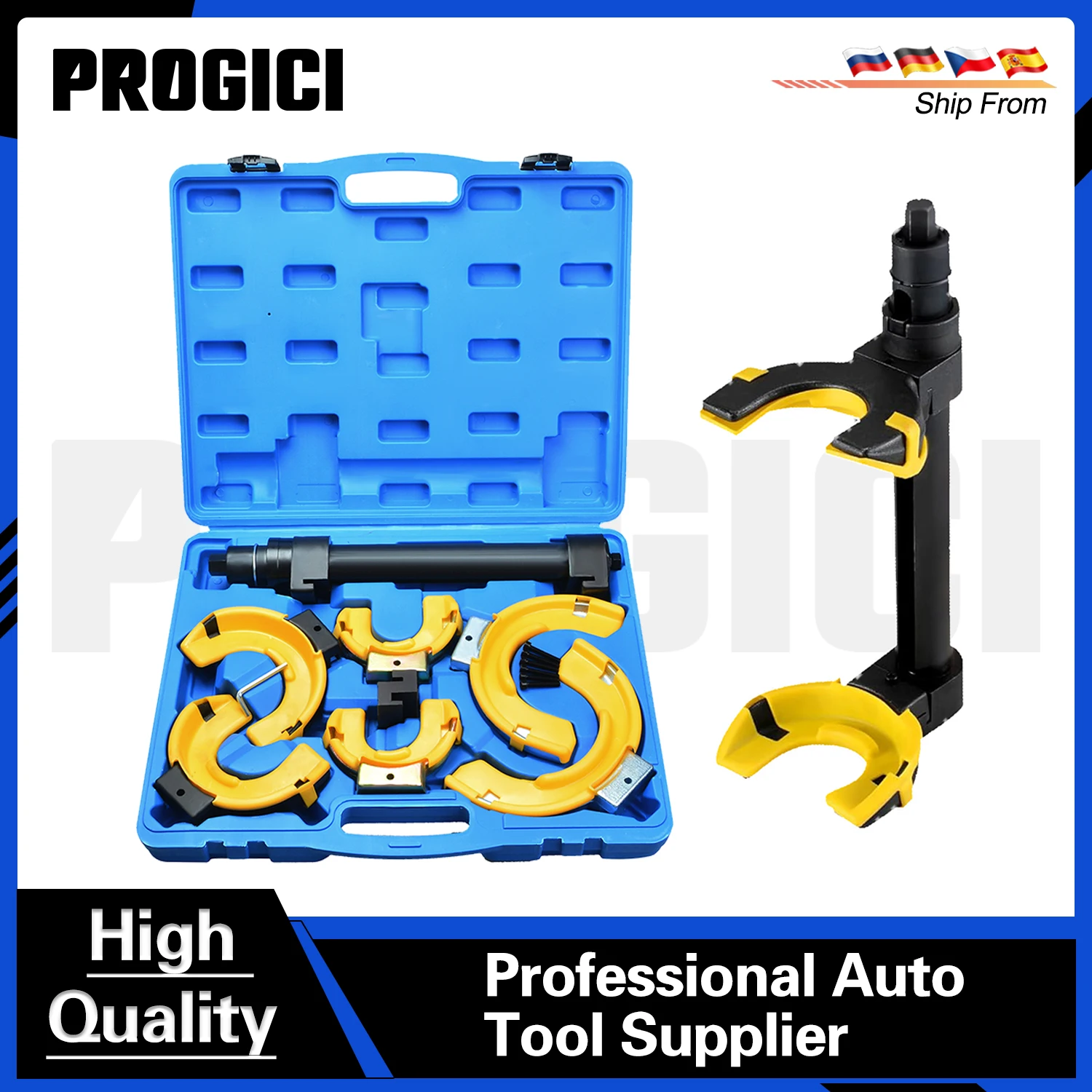 Kit compressore molle ammortizzatore Macpherson PROGICI 7 pezzi, utensile intercambiabile per rimozione o estrazione molle ammortizzatore a forcella, compressore molle ammortizzatore