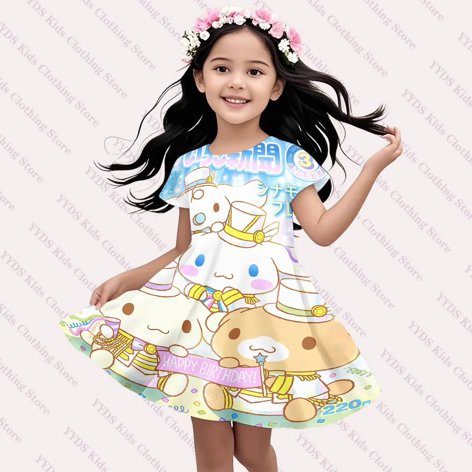 

Summer Girls Sanrio cinnamon dog Dress Kids Costume Kuromi Birthday Party Dresses Children Cartoon Short Sleeved Dress