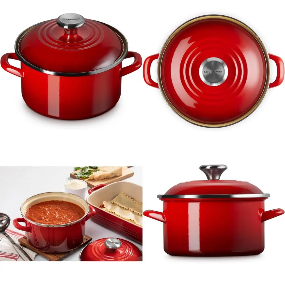 

Enamel Steel Petite Stockpot 3.8 Quarts, Cherry Red, Traditional Cooking Pot for Small Batch Recipes