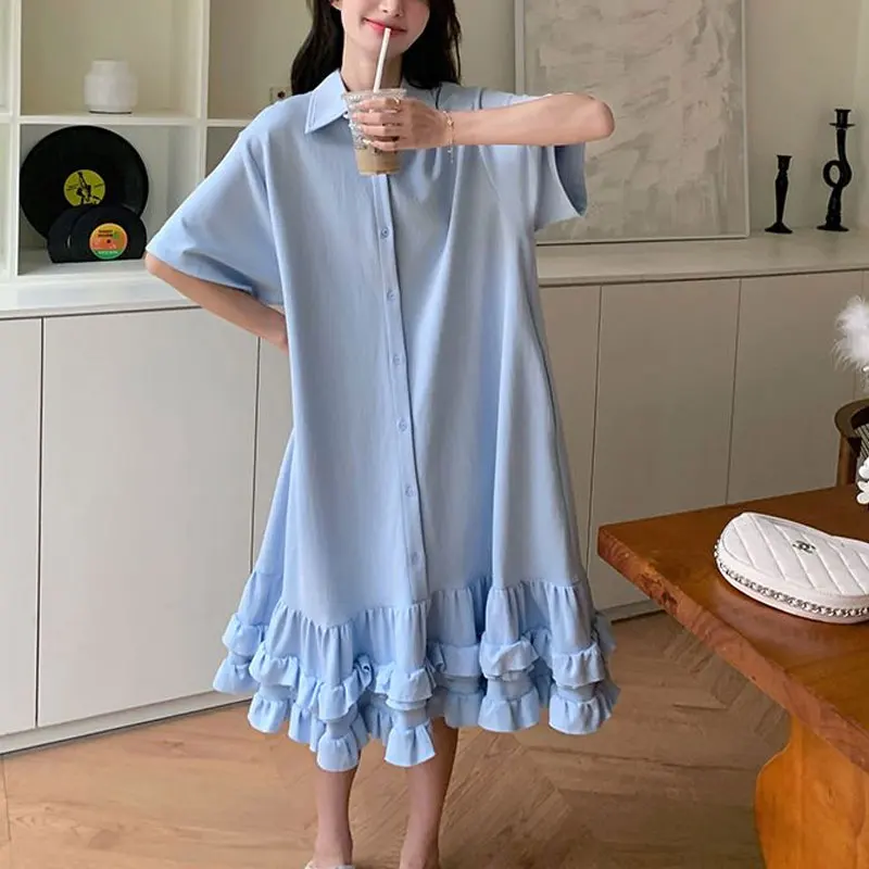 Summer Casual Spliced Mermaid Dresses Commute Polo-Neck Women\'s Clothing Loose Short Sleeve Basic Korean Solid Color Midi Dress