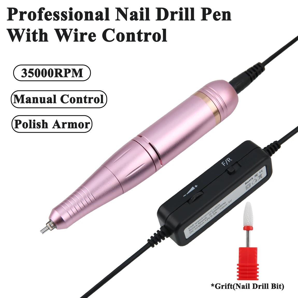 เครื่องเจียรเล็บแบบปากกา 35000 รอบต่อนาที พร้อมสาย USB ชาร์จไฟได้ ชุดเครื่องเจียรเล็บแบบพกพา อุปกรณ์ทำเล็บสำหรับร้านเสริมสวย