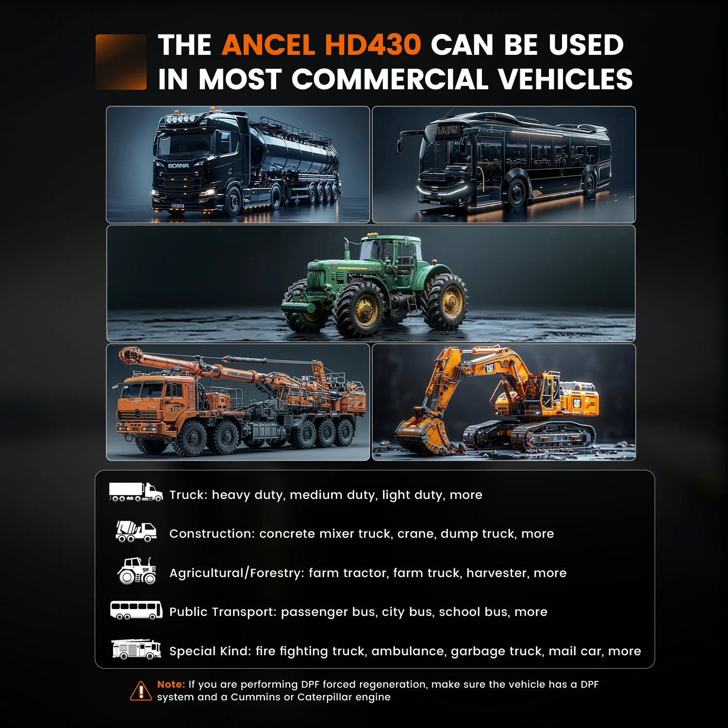 ANCEL HD430 Zware vrachtwagenscanner DPF Reset Geforceerde regeneratie voor Cummins Caterpillar Engine Volledig systeem HDOBD Dieselscanner