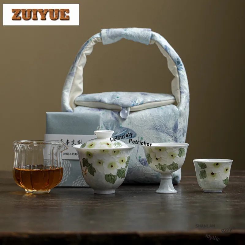 

Ручная роспись Gardenia, дорожный чайный сервиз, набор, эстетический, 1 чаша, 2 чашки, органайзер для чайника, портативная сумка для кемпинга, посуда, принадлежности