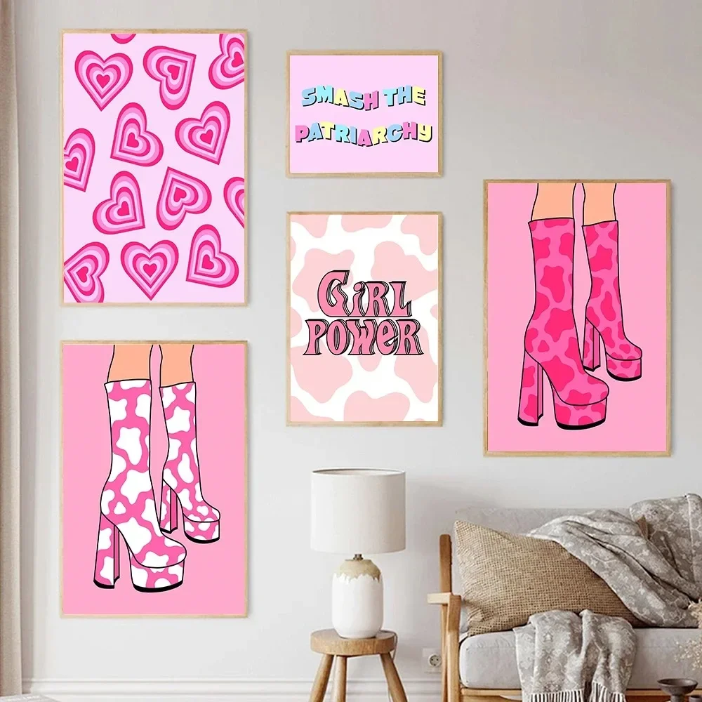 Canvas Painting Girl Room Decor Print Pink Fashion Women High Heels Poster Retro Funky Inspirational Quote Feminist Home Mural